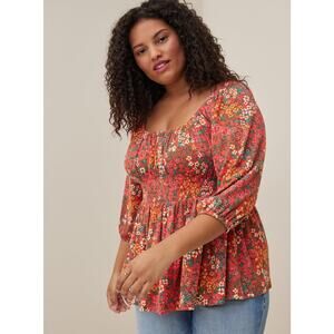 Torrid Textured Jersey Smocked Waist Top Orange Floral NWT Plus Size 3